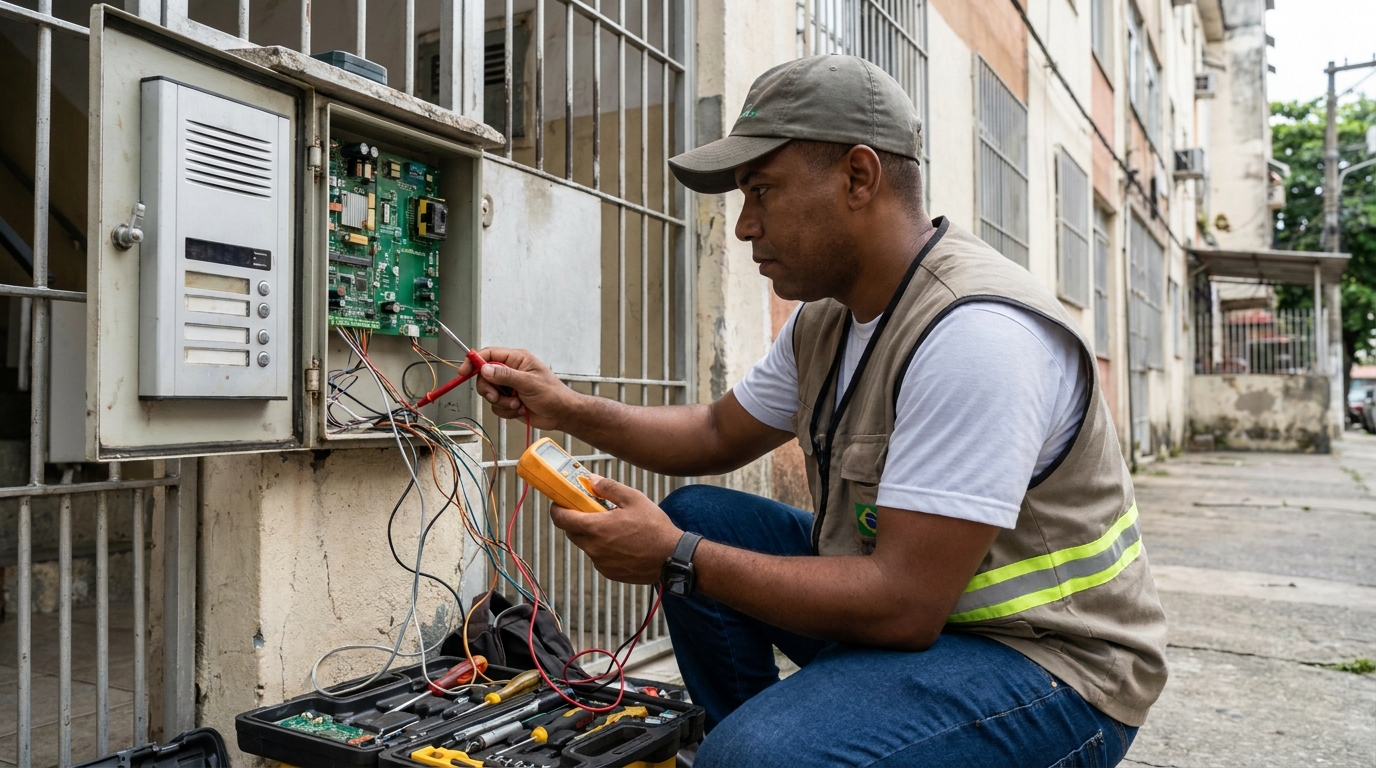 Eletricista consertando interfone em Sete Lagoas‑MG