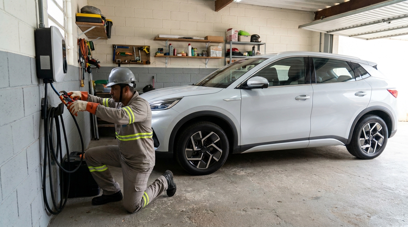 Eletricista instalando carregador de carro eletrico em Sete Lagoas‑MG