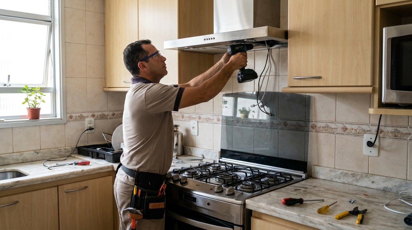 Eletricista instalando coifa em Sete Lagoas‑MG