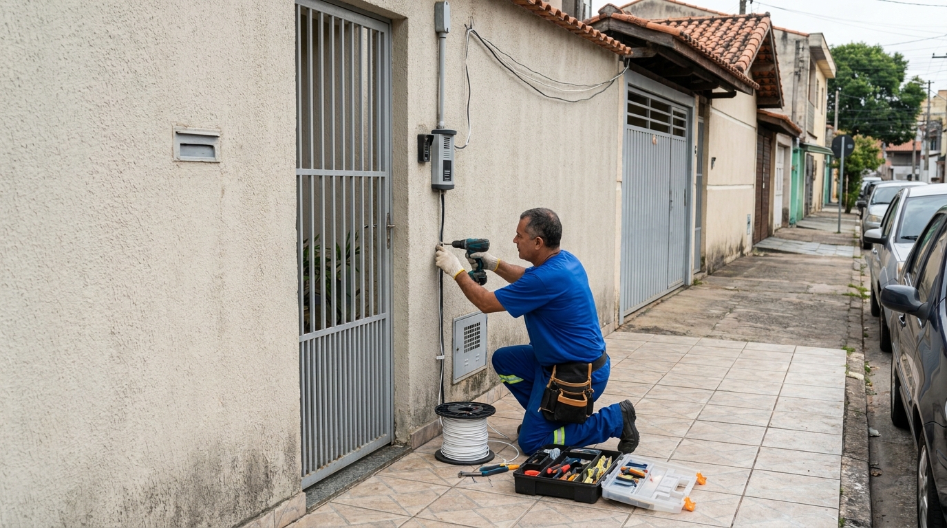 Eletricista instalando interfone em Sete Lagoas‑MG