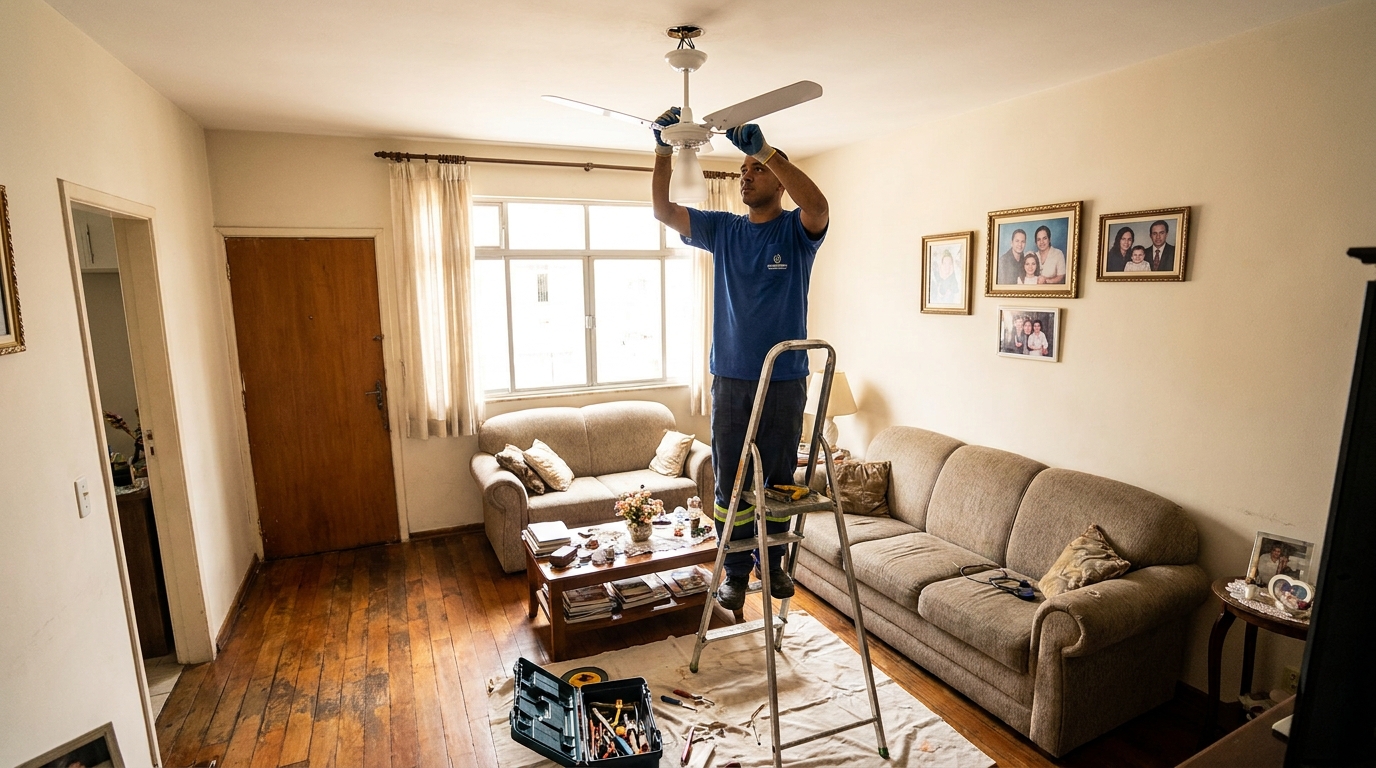 Eletricista instalando ventilador de teto em Sete Lagoas‑MG